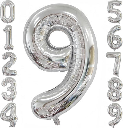 Silver 9 Balloon, 40 Inch Number 9 Balloon, 9 Birthday Balloon Decorations by BBPOOL