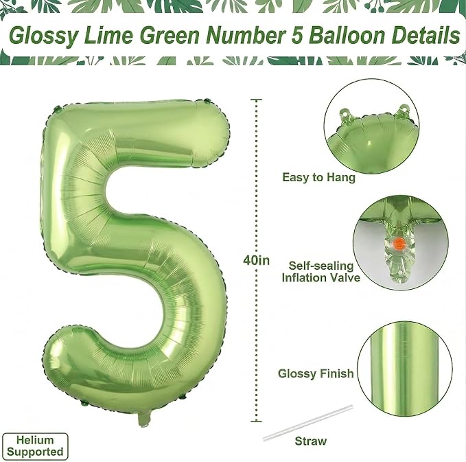 Light Green Number 5 Balloon 40 Inch, Glossy Metallic Digit Party Supplies | - Image 4