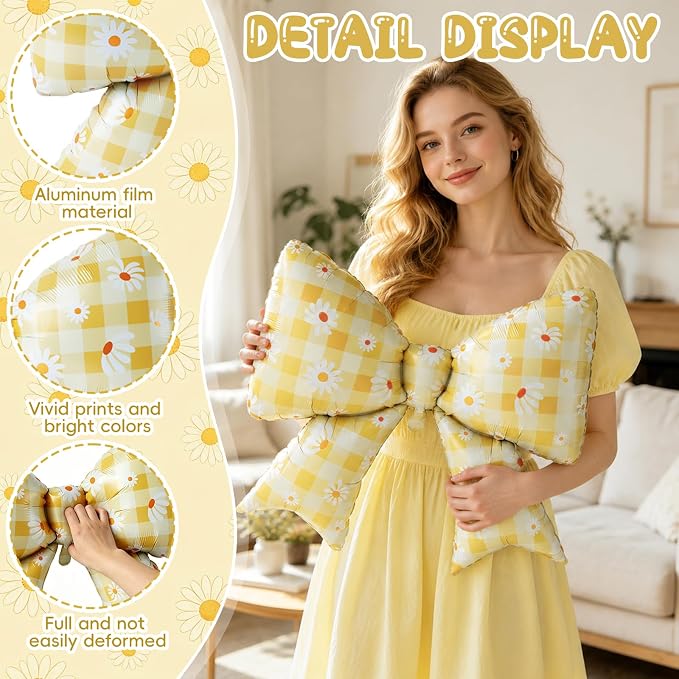 4 PCS Daisy Bow Balloons, Large Yellow Gingham Coquette Foil Balloon Set | - Image 3