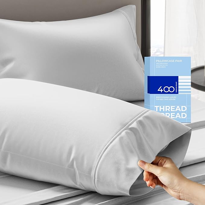 THREAD SPREAD 100% Cotton King Size Pillow Cases Set of 2-400 Thread Count Pillow Cases King Size Set of 2 (Silver), Luxuriously Soft Hotel Quality Sateen Weave Pillowcases, Crisp & Cool