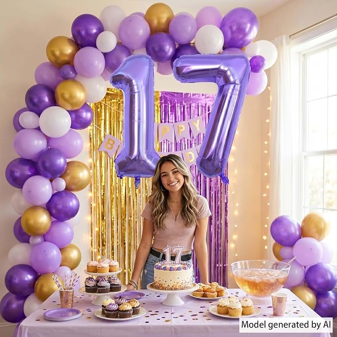 Purple Number 17 Balloon 40 Inch, Large Metallic Mylar Foil 17 Balloons - Image 2