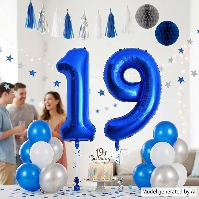 Navy Blue Number 19 Balloon 40 Inch, Shiny Metallic Numeral Party Supplies | - Image 3