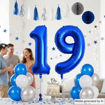 Navy Blue Number 19 Balloon 40 Inch, Shiny Metallic Numeral Party Supplies | - Image 3