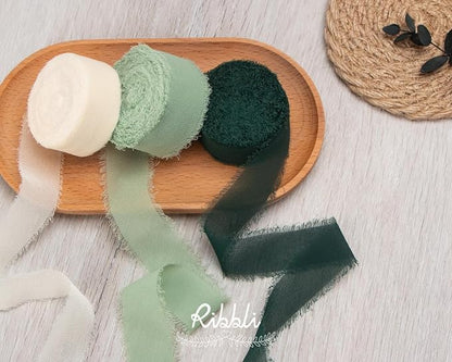 Ribbli Green Ribbon 1 Inch x 3 Rolls Total 24 Yards Ivory/Sage/Forest Green - Image 5