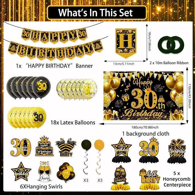 Mxdfafa 39Pcs Black Gold Glitter 30th Birthday Decorations Kit, 30th Bday Party - Image 2
