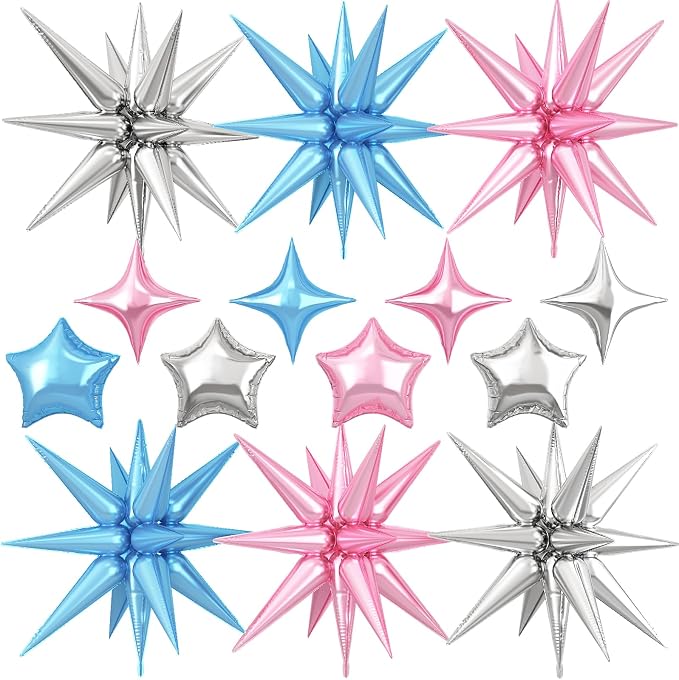 14pcs Pink Blue Silver Star Balloons, Mixed Star Foil Balloon, 22Inch Explosion by vibzox