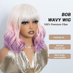 NOBLE Colourful Short Bob Wigs with Bangs for Women 3 Tone Ombre Pink root to Purple Color Short Wavy Bob Hair Wig Shoulder Length Synthetic Heat Resistant Bob Wigs