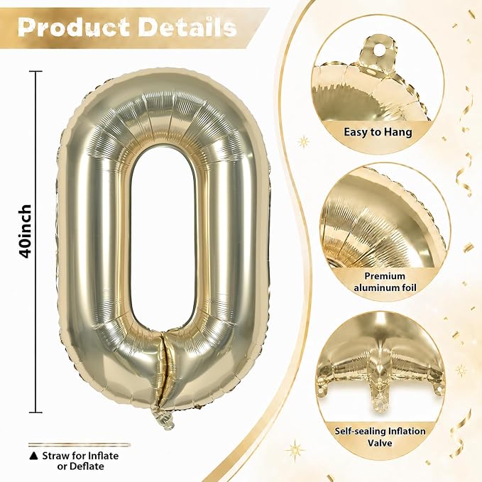 40 Inch Champagne Gold Numbers Balloons 0-9, Self Inflating Light Gold Foil - Image 2