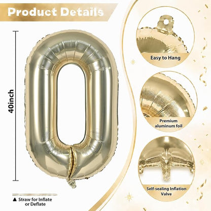 40 Inch Champagne Gold Numbers Balloons 0-9, Self Inflating Light Gold Foil - Image 2