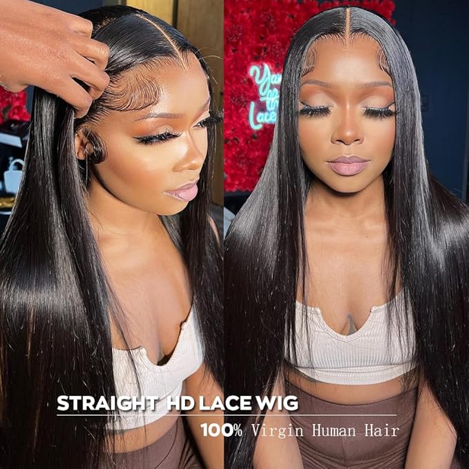 Iris Queen 12A 13x4 Straight HD Lace Front Human Hair Wigs Pre Plucked 180 Density Brazilian Virgin Human Hair Transparent Lace Frontal Wigs for Black Women Natural Black Color(22 inch)