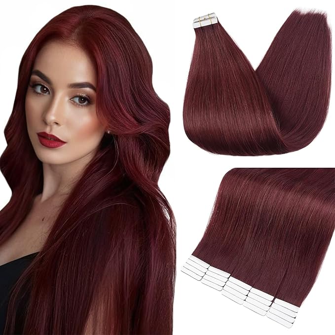 Full Shine Tape in Hair Extensions 22 Inch Color 99J Red Wine Tape Hair Extensions Real Human Hair 20PCS Seamless Remy Double Sided Extensions for Women 50g