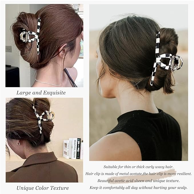 FAELBATY Hair Clip, Acetate Metal Claw Clip for Women, Strong Hold Claw for Heavy Hair, Checkerboard Pattern, 4.5" Jaw Clamp, Large Hair Accessories for Long Thick Hair