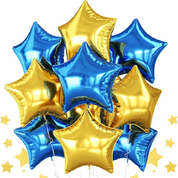 Blue Gold Star Foil Balloons, 18 Inch Metallic Blue and Gold Stars Balloon by BIAPIAN