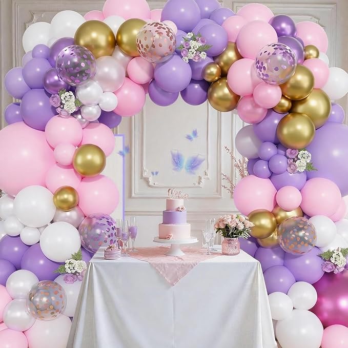 Pink Purple Balloons, 12 Inch Metallic Gold Colorful Confetti Latex Balloons - Image 5
