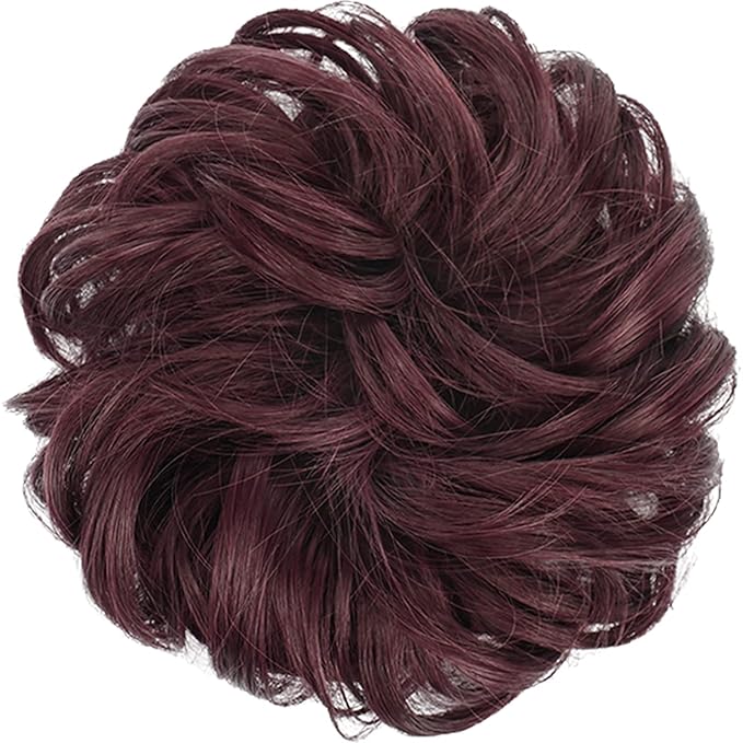 FESHFEN Messy Bun Hair Piece - Elastic Wavy Curly Hair Bun Scrunchies Extensions Synthetic Chignon Hairpieces for Women Girls, Wine Red 1.5 oz