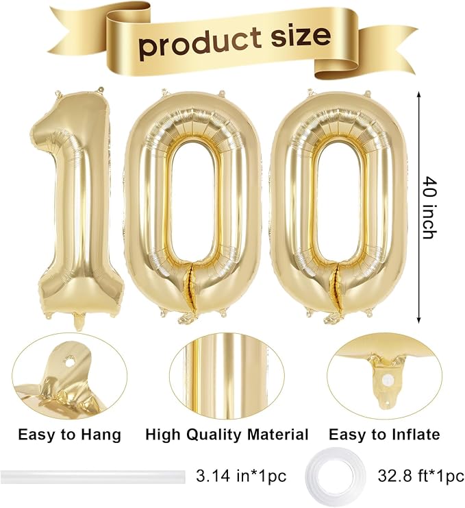 Champagne Gold Number 100 Balloon, 40 Inch Foil Number Balloons, 100th Birthday - Image 2