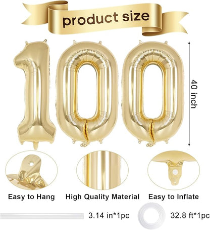 Champagne Gold Number 100 Balloon, 40 Inch Foil Number Balloons, 100th Birthday - Image 2