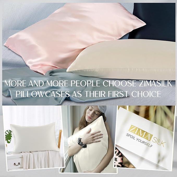 ZIMASILK 100% Pure Mulberry Silk Pillowcase 2 Pack, Soft and Smooth,Both Sides Premium Grade 6A Silk,600 Thread Count,with Hidden Zipper (Queen 20''x30'',Ivory)