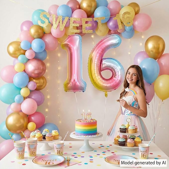 Rainbow Ombre Number 16 Balloon 40Inch, Pastel Foil Decor - Image 2