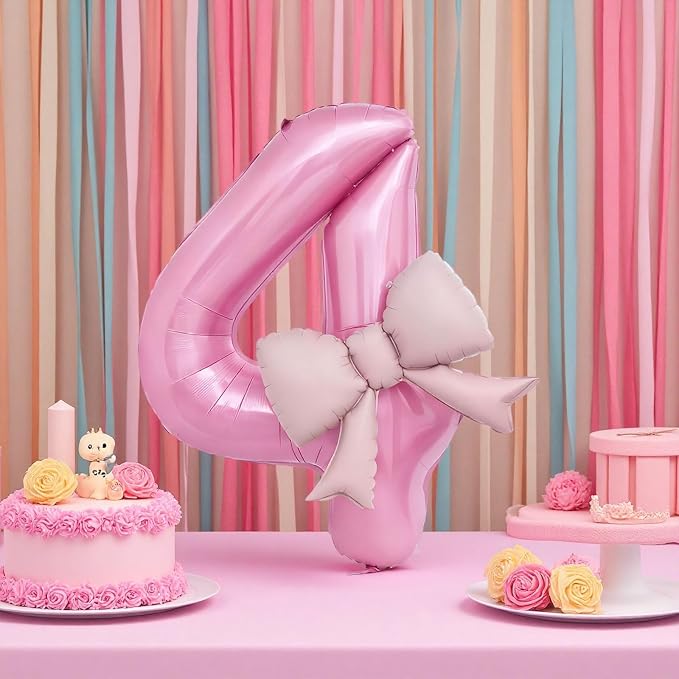 Bow Pink 4 Balloons, 40 Inch Giant Pink Bow Helium Foil Number 4 - Image 6