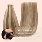 Tape in Hair Extensions Human Hair, Straight Seamless Tape in for Women 20pcs 18inch Invisible Chestnut Brown to Blonde Highlight (P6/613#,18 Inch)