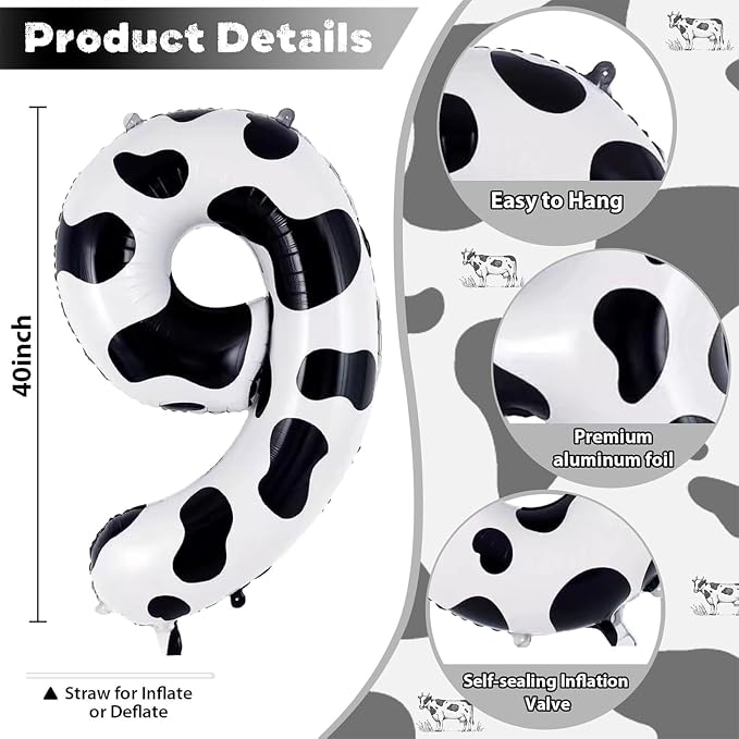 40 Inch Cow Print Numbers 9 Balloons, Large Self Inflating Farm Digital 9 - Image 2