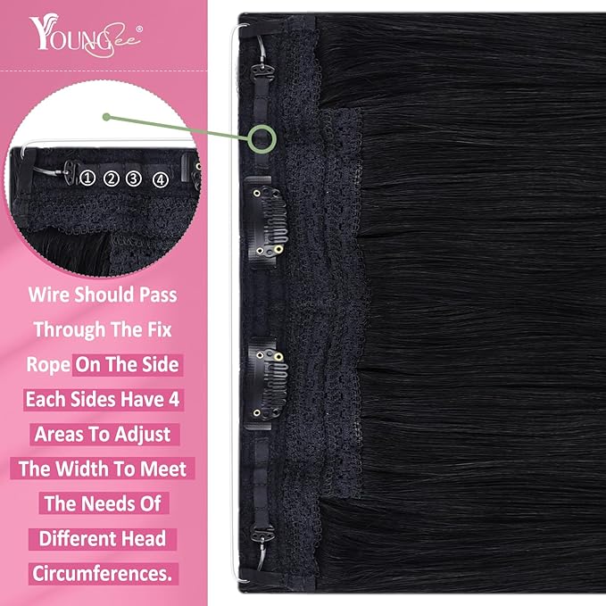 YoungSee 135G Wire Hair Extensions Jet Black Hair Wire Long Black Fish Line Hair Extensions Human Hair Easy to Wear 24inch
