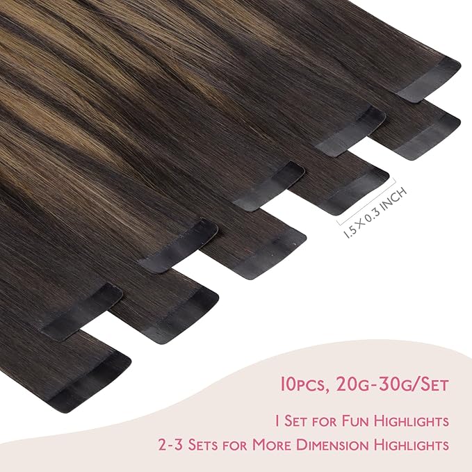 WENNALIFE Tape in Hair Extensions Human Hair Balayage Dark Brown Mixed Chestnut Brown Tape in Extensions, 10pcs 20g 10 inch Remy Invisible Tape Ins Straight Soft Real Human Hair Tape in Extensions