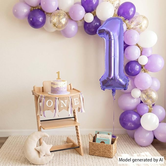 Purple Number 1 Balloon 40 Inch, Large Lavender Mylar Foil Balloons, Metallic - Image 6