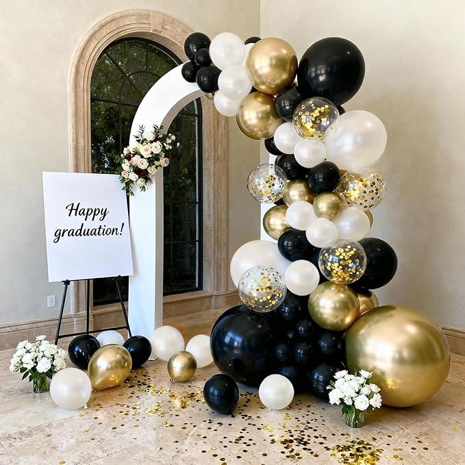 Double Stuffed Black Gold White Confetti Balloon Arch Kit 129 Pcs | Back to - Image 5
