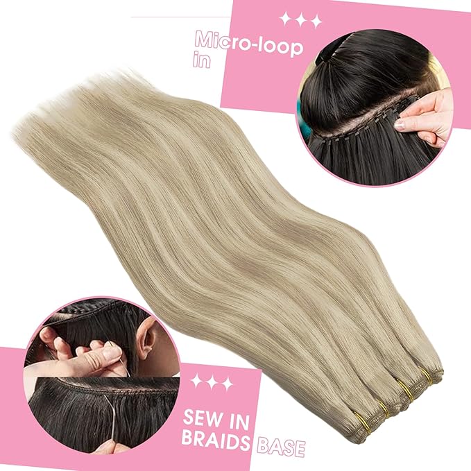 YoungSee 125G Weft Hair Extensions Blonde Highlight Sew in Hair Extensions Real Human Hair Warm Ash Blond Highlights Bleach Blonde Invisible Sew in Extensions for Women 22Inch