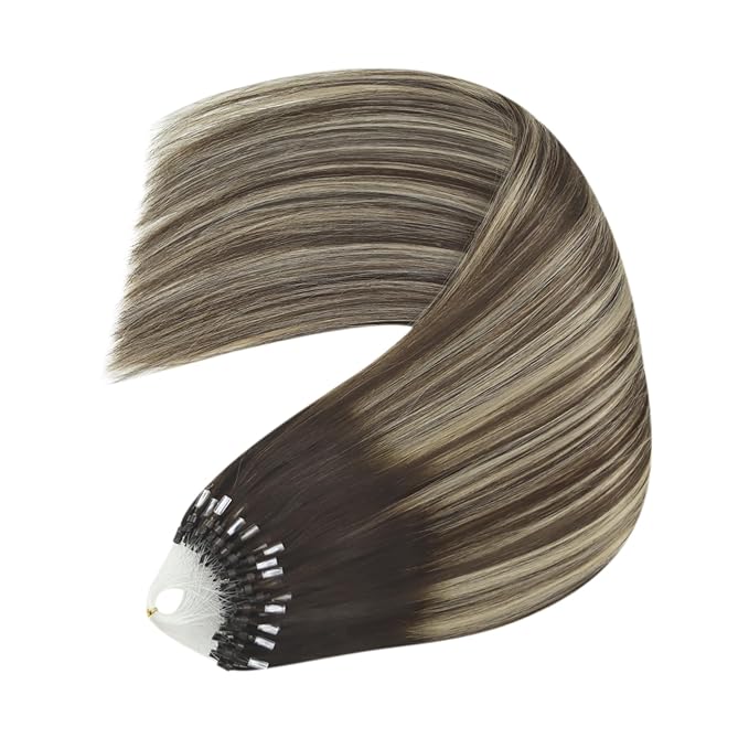 YoungSee Micro Bead Hair Extensions Real Human Hair Balayage Micro Ring Hair Extensions Human Hair Ombre Dark Brown to Blonde Beaded Hair Extension 22 Inch for Date Nights 50g 50s
