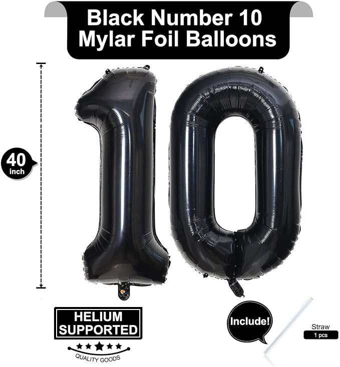 40 Inch Black 10 Number Balloons Giant 10 Balloons Black Birthday Balloons 10th - Image 2