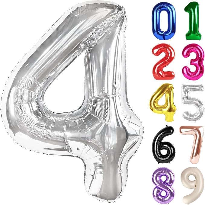 4 Balloon - Silver Birthday Number Balloons, 40 Inch Decorations Men Women | by ALPHADELTAPI