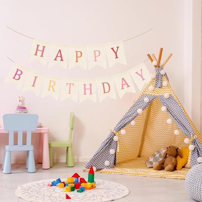 Doumeny Happy Birthday Burlap Banner Boho Birthday Garland Bunting Ombre Pink - Image 6