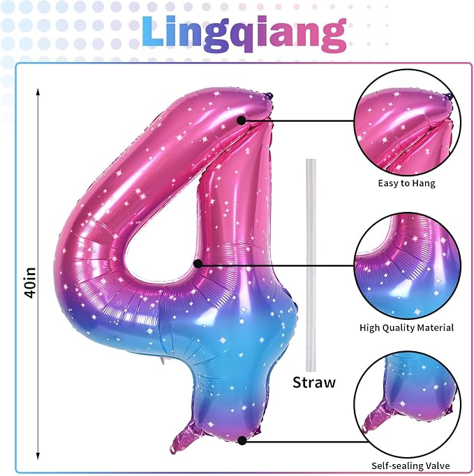 Gradient Rainbow 4 Balloons, 40 Inch Large Blue Pink Purple Foil Number - Image 2