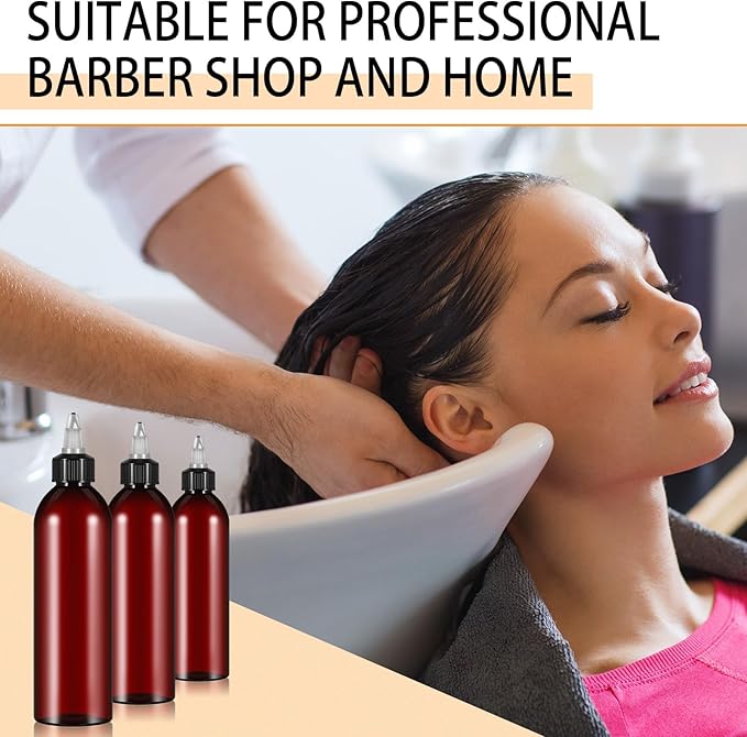 Barydat 12 Pcs Applicator Bottles for Hair, Squeeze Hair Oil Applicator Bottle Refillable Empty Plastic Bottles, Twist on Top Cap with Open Close Nozzle and 2 Funnels(8 oz,Amber)