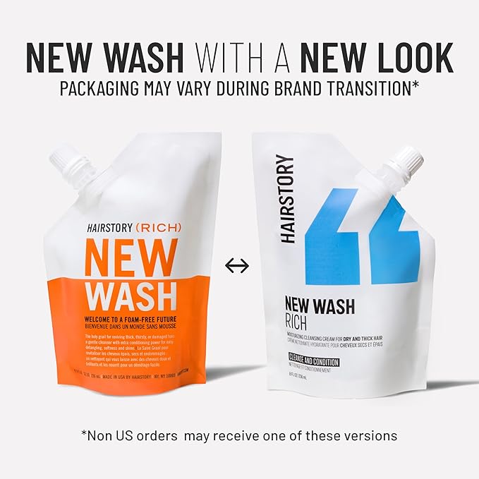 Hairstory New Wash (RICH) Hair Cleanser & Conditioner, 20oz Pouch, Extra Moisturizing, Improves Softness, Natural Ingredients, Protects Color & Eliminates Frizz, Sulfate & Paraben Free