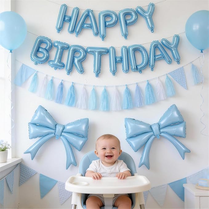 Blue Bow Happy Birthday Balloons Banner, 22 Inch Baby Blue Bow Foil Balloons - Image 5