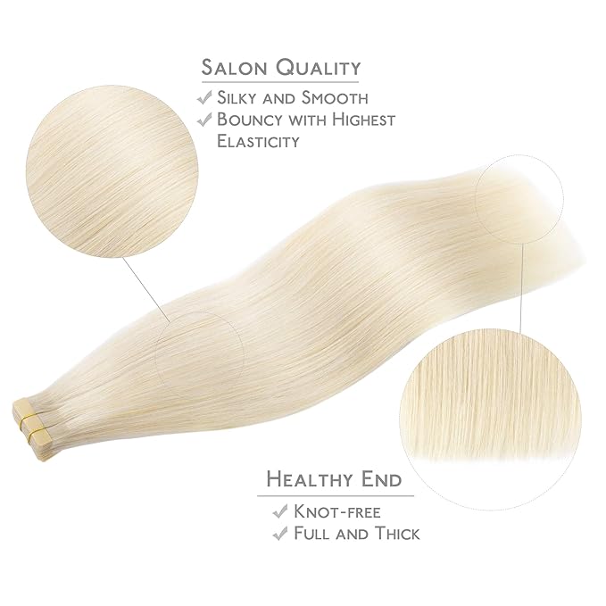 WENNALIFE Tape in Hair Extensions Human Hair, 20pcs 50g 14 inch Platinum Blonde Remy Hair Extensions Straight Human Hair Tape in Extensions Skin Weft Tape Extensions Human Hair