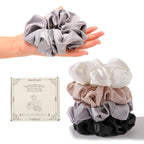 4PCS Large Satin Silk Scrunchies for Women - Big Glossy Scrunchie for Thick Hair Girl Hair Ties Ponytail Holders Jumbo Scrunchies (Black White Silver Champagne)
