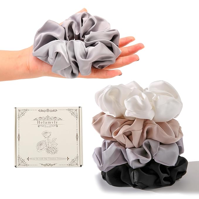 4PCS Large Satin Silk Scrunchies for Women - Big Glossy Scrunchie for Thick Hair Girl Hair Ties Ponytail Holders Jumbo Scrunchies (Black White Silver Champagne)