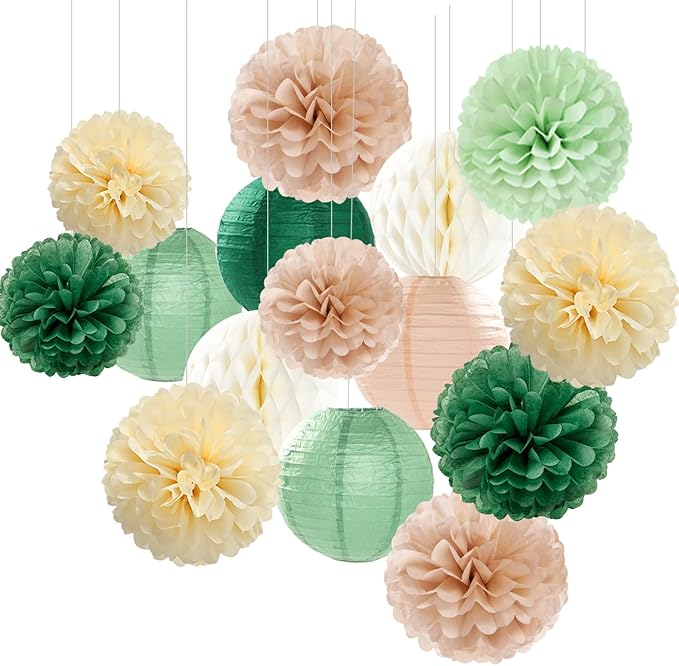 Sage-Olive Green Party-Decorations Paper-Flowers Lanterns by Hugfond