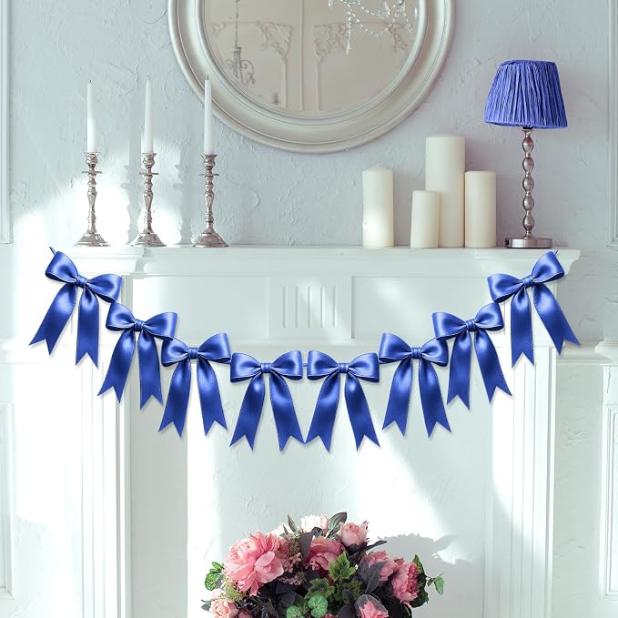 2 Strings of 16PCS Navy Blue Bow Garlands Banner Decoration, Pre-Strung Satin - Image 6