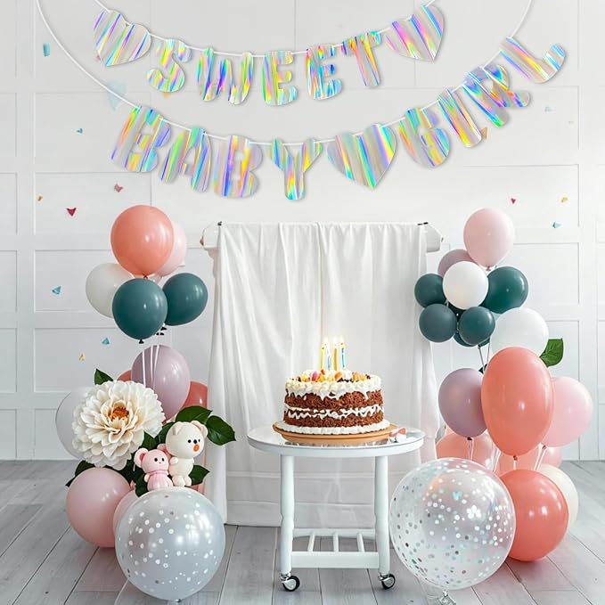 Iridescent Baby Shower Banner for Girl, Pre-Strung Sweet Baby Girl Banner - Image 7