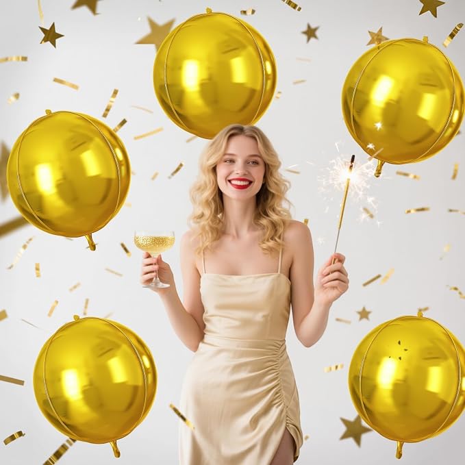 Gold Round Foil Balloons 9 pcs, Metallic Gold Giant 4D Round Balloons 22 Inch - Image 4