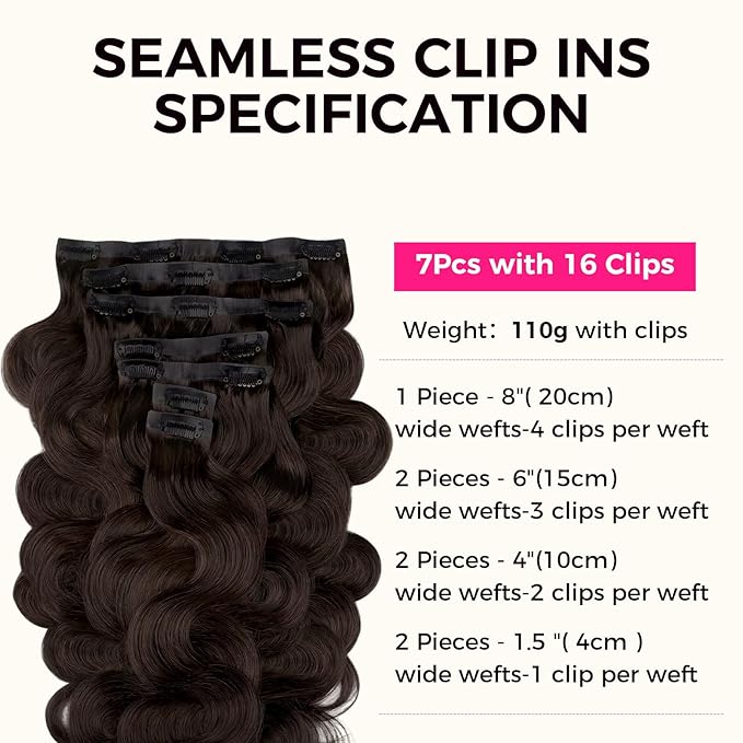 Lashey Seamless Clip in Hair Extensions Human Hair #2 Dark Brown Body Wave 7pcs 110g 14 Inch PU Weft Human Hair Clip in Extensions for Women