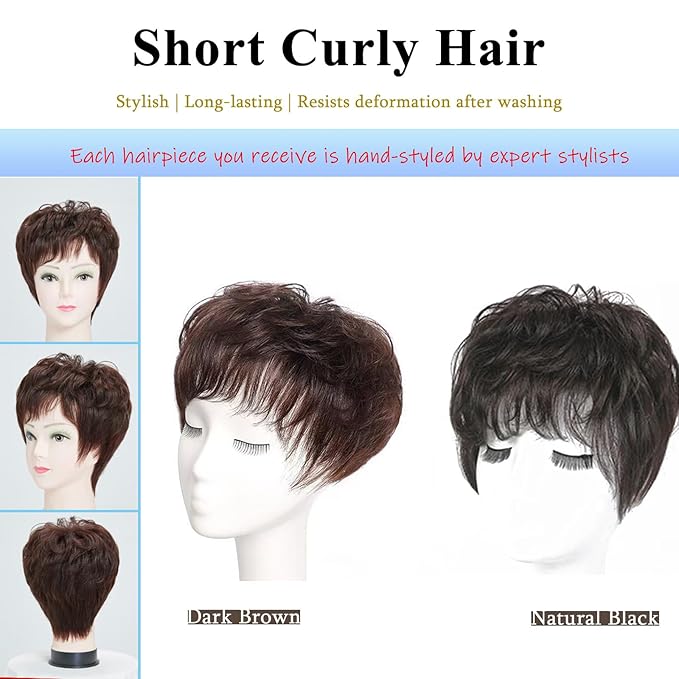 Short Human Hair Topper for Women with Hairloss,Invisible Clip in Short Curly Topper Hairpiece with Large Mesh 6.3x7 Ins and Silk Top Base Natural Fluffy Wiglet Hairpiece Natural Black