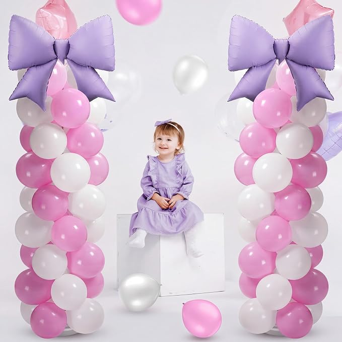 2 Sets Pink Purple White Bow Balloon Column Stand Kit Includes 2 Bows & 100 - Image 4