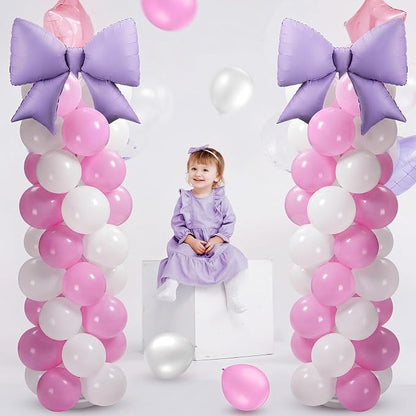 2 Sets Pink Purple White Bow Balloon Column Stand Kit Includes 2 Bows & 100 - Image 4